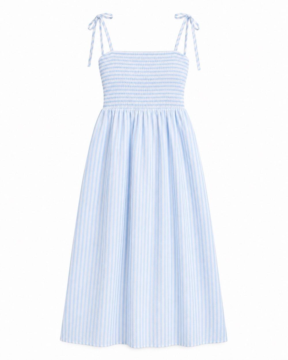Julia Jordan Tie Shoulder Smocked Midi Dress 8 Blue White Striped Coastal Resort